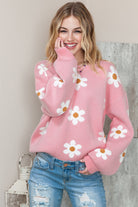 Pink 60s Floral Pattern Drop Shoulder Pullover Knit Sweater Sweaters 73d3a55b9a3c7939