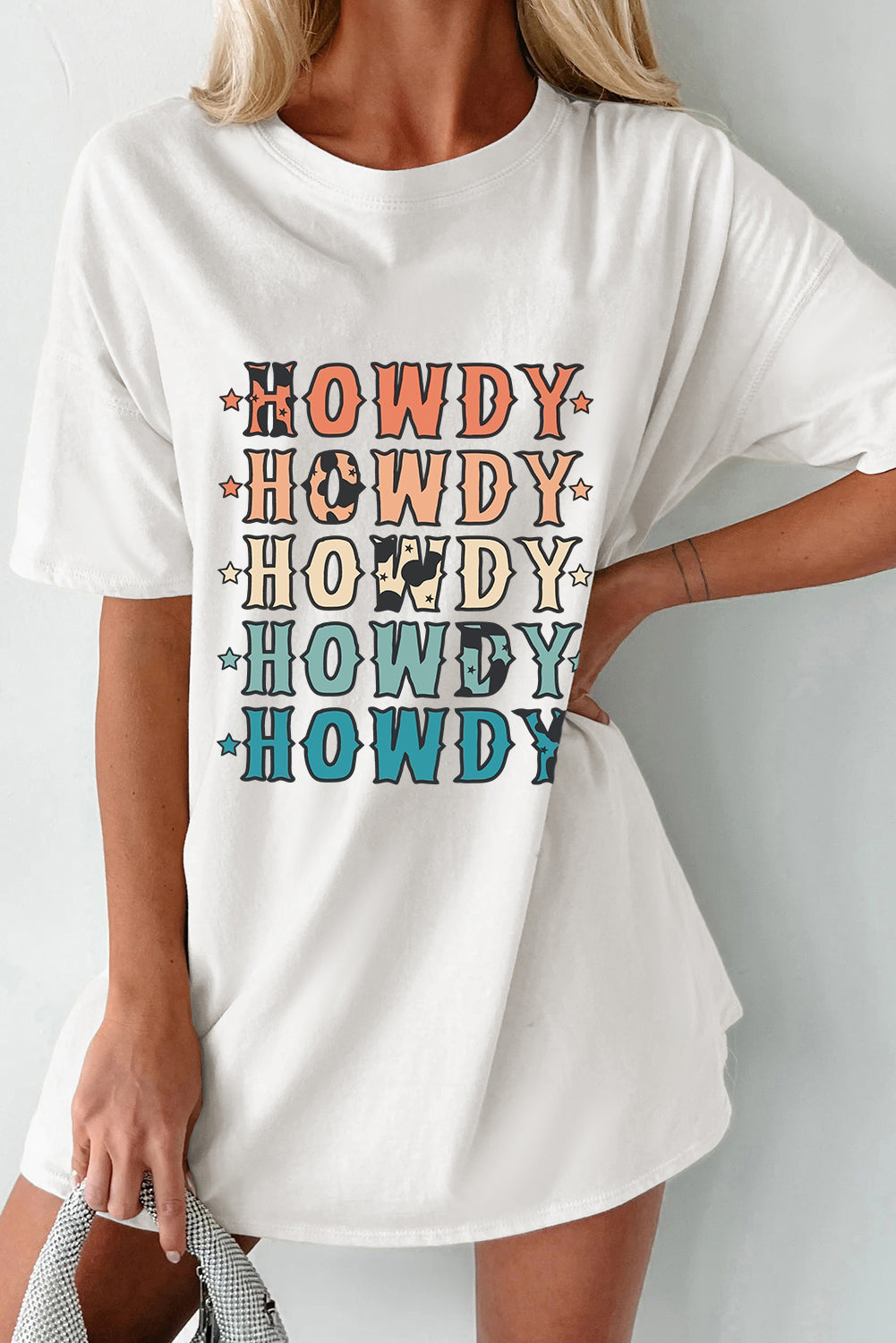 White HOWDY Stars Heat Transfer Printing Crew Neck Loose Fit T Shirt Graphic Tees 740be7f7ee0a6030