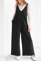 Black Solid Color Raw Seam Big Flower Patched Loose Overall Jumpsuit Jumpsuits 742a014b2d995401