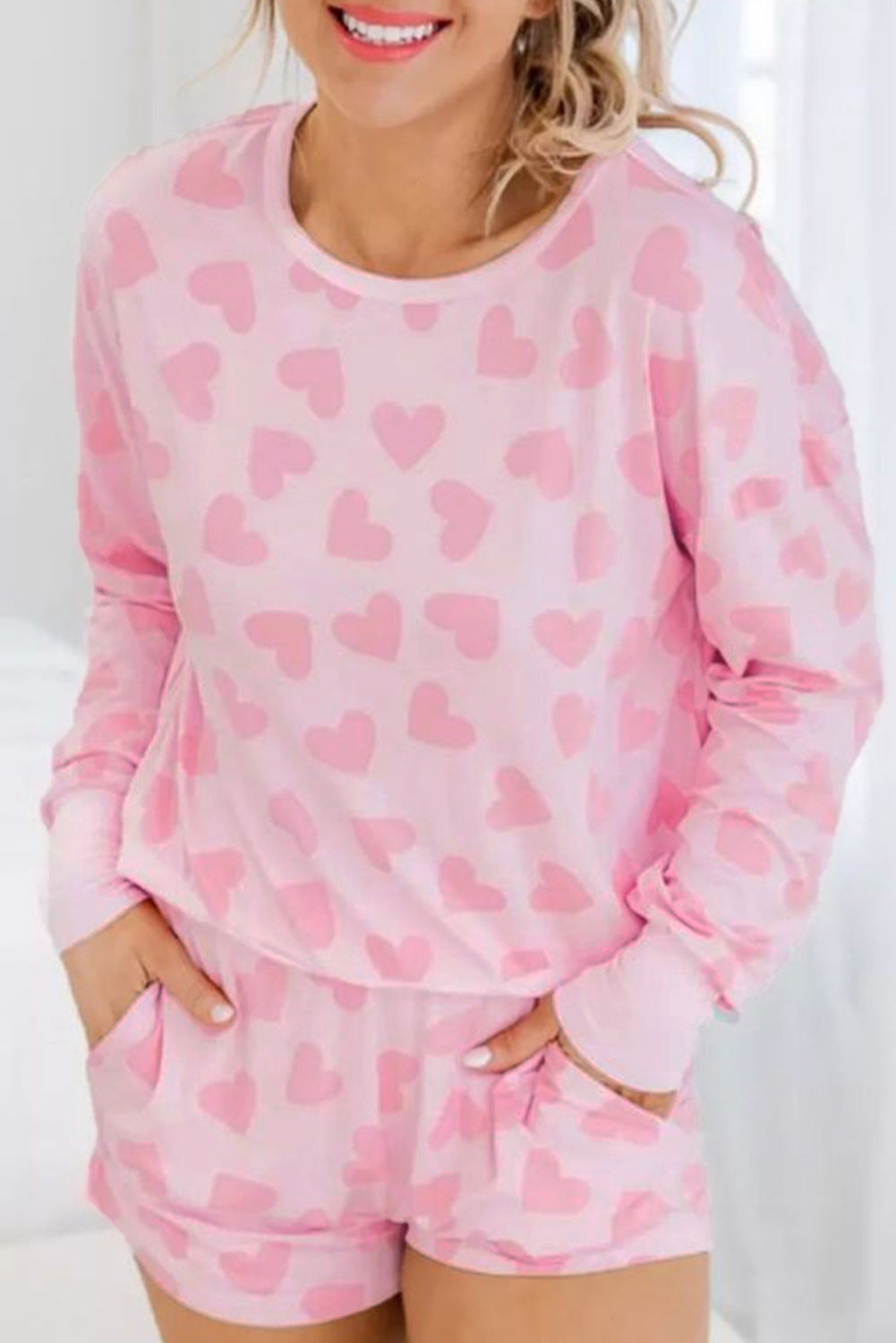Pink Heart Print Long Sleeve Top and Shorts Loungewear Set Loungewear Set 743ea5d08e085c18
