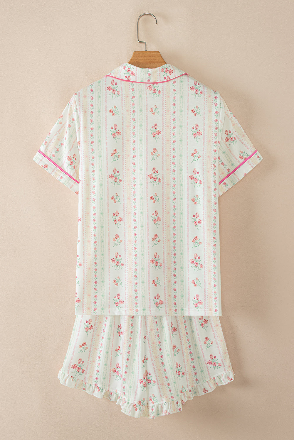 Beige Bow and Cherry Print Ruffle Hem Shorts Pajama Set Two Piece Shorts Sets 74448379a58a2816