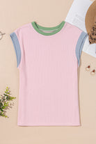 Pink Colorblock Corded Crew Neck Tee T Shirts 7449f42485a917b5