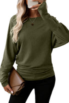 Green Solid Color Round Neck Dolman Sleeve Top Long Sleeve Tops 74607e64303cee21