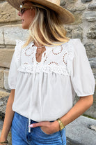 White Embroidered Lace Patchwork Tie Neck Half Sleeve Blouse Blouses 7481681f7c10f546