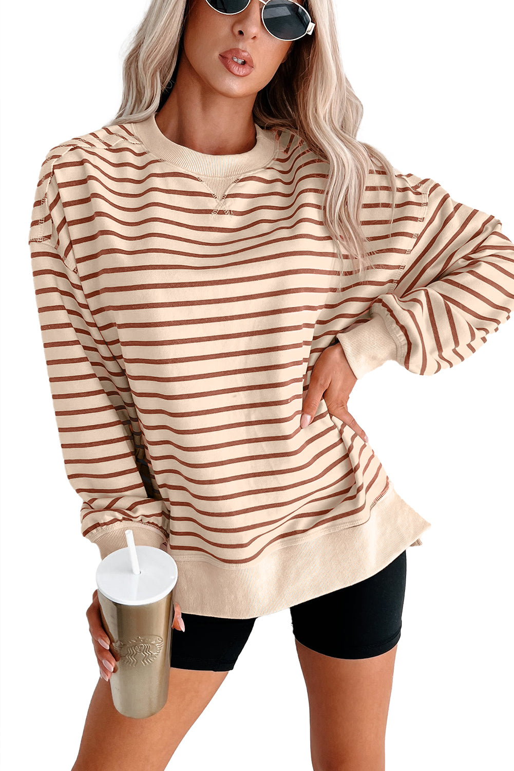 Khaki Stripe Ribbed Band Seam Detail Baggy Sweatshirt Sweatshirts & Hoodies 749a85878d0940f9