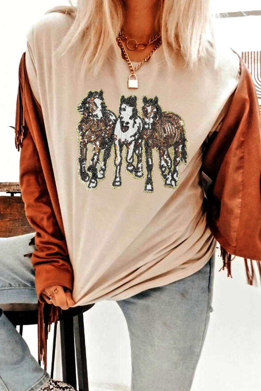 Khaki Sequin Horses Patched Casual Crewneck T Shirt Graphic Tees 74c7129aaf5a74b9
