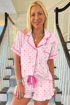 Beige Bow and Cherry Print Ruffle Hem Shorts Pajama Set Two Piece Shorts Sets 74cbf2dc6e5f3cce