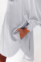 Black Striped Casual Shirred Cuffs Shirt Long Sleeve Tops 74eb795d69a88ea0