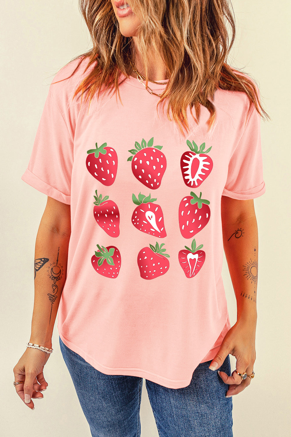 Pink Strawberry Fruit Pattern Heat Transfer Printing Graphic Tee Graphic Tees 74f6f1f5268dbc56