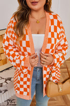 Orange Checkered Plus Size Drop Shoulder Knit Cardigan Plus Size Sweaters&Cardigans 74feaf6a0eca7b2f