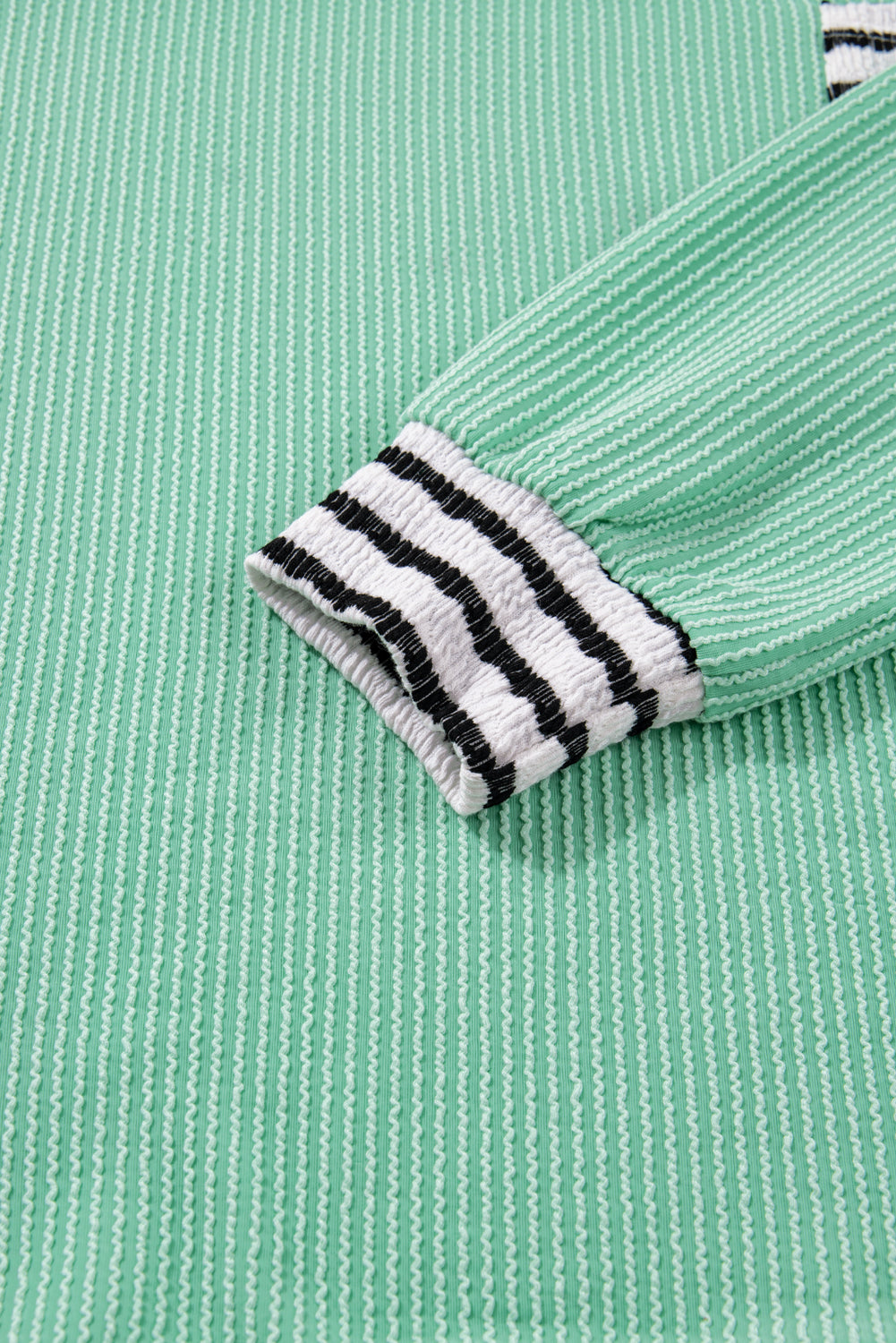 Sea Green Twisted Ribbed Contrast Round Neck Striped Patchwork Long Sleeve Top Long Sleeve Tops 750146852d2cdf7d