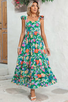 Green Boho Floral Print Ruffle Sleeveless Tiered Maxi Dress Maxi Dresses 7525b3c3d01c6942