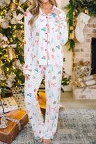 White Christmas Print Lapel Shirt and Pants Pajama Set Loungewear Set 75273bdb3878ca86