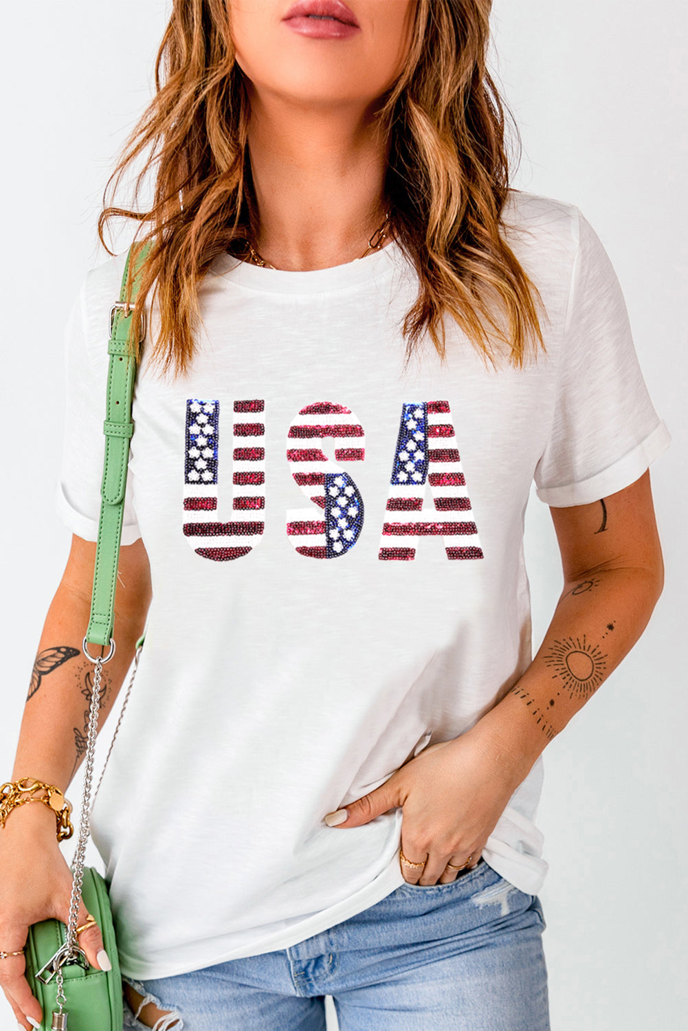 White USA Flag Sequin Graphic Patched Round Neck T Shirt Graphic Tees 753e4bf1e980fec8