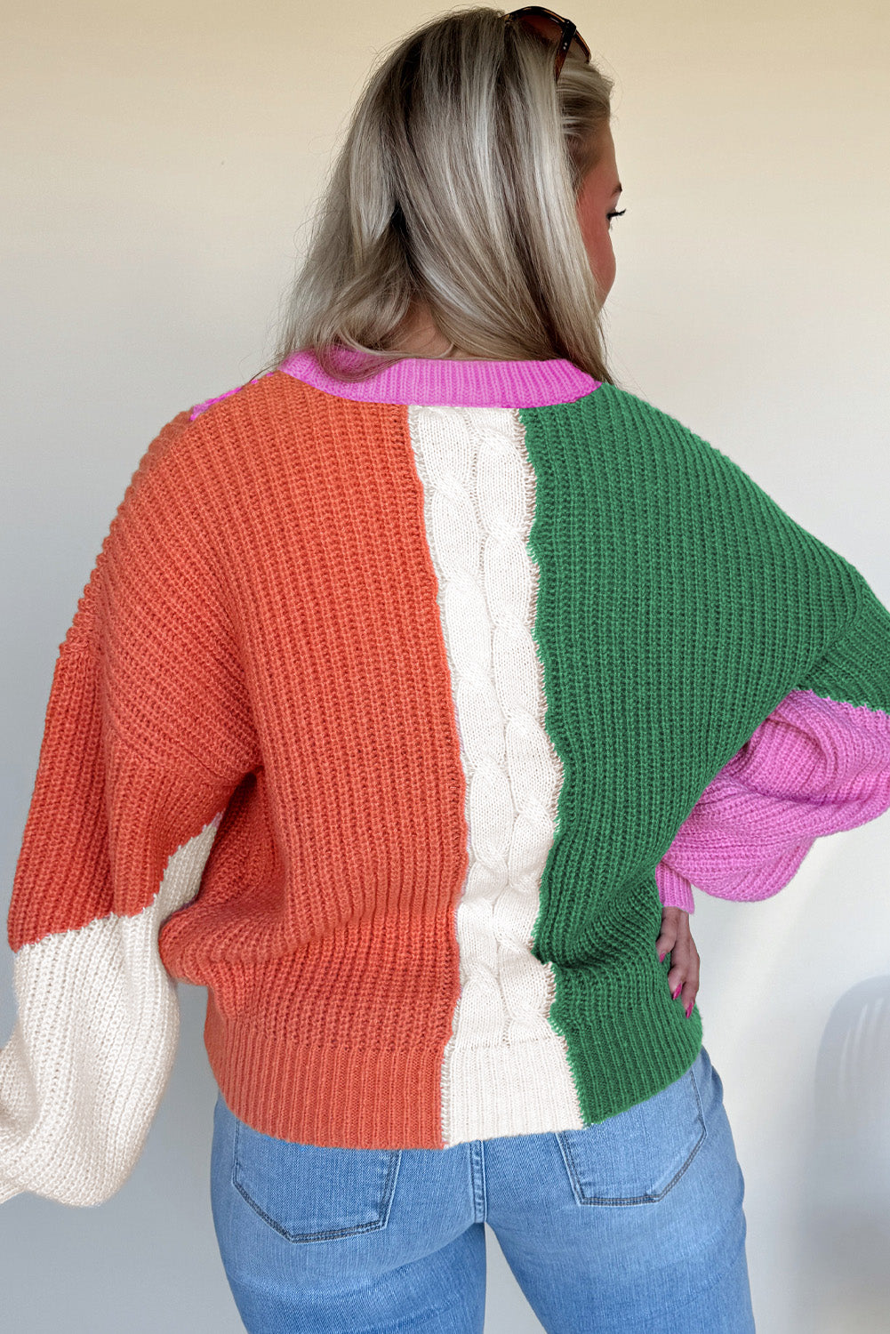 Desert Gold Colorblock Knit Drop Shoulder Loose Fit Sweater Sweaters 753e5a9ced4e9117