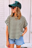 Green Stripe Textured Side Slit Crew Neck T Shirt T Shirts 7574efe649f0c555