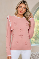 Light Pink Bow Detail Contrast Trim Ruffle Sweater Sweaters 75a3d1dbbf624072