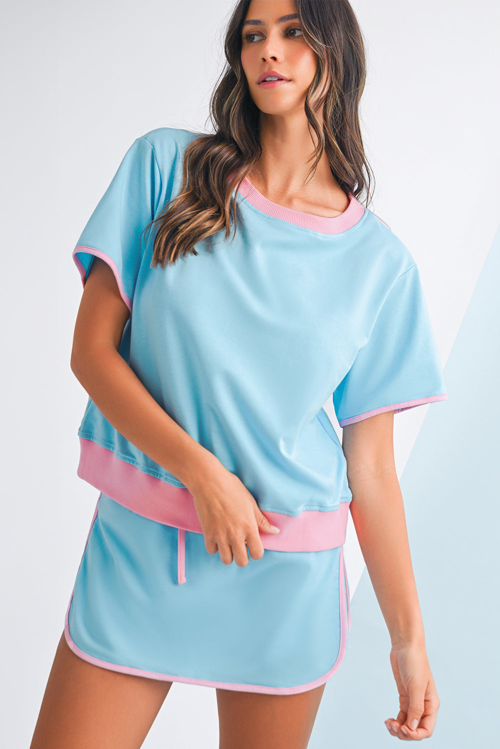 Evergreen Colorblock Edge Drop Shoulder T Shirt and Skort Set Two Piece Shorts Sets 75da2a94cea65f8c