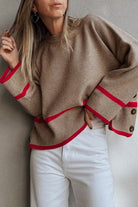 Simply Taupe Ribbed Knit Contrasted Stripe Detail Button Side Loose Sweater Sweaters 75f01ed5d38cf43c