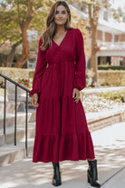 Burgundy Solid Long Sleeve Button V Neck Tiered Maxi Dress Maxi Dresses 75f701e051433875