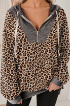 Khaki Ribbed Leopard Print Patchwork Collar Zip Hoodie Sweatshirts & Hoodies 764c22fad88874e1