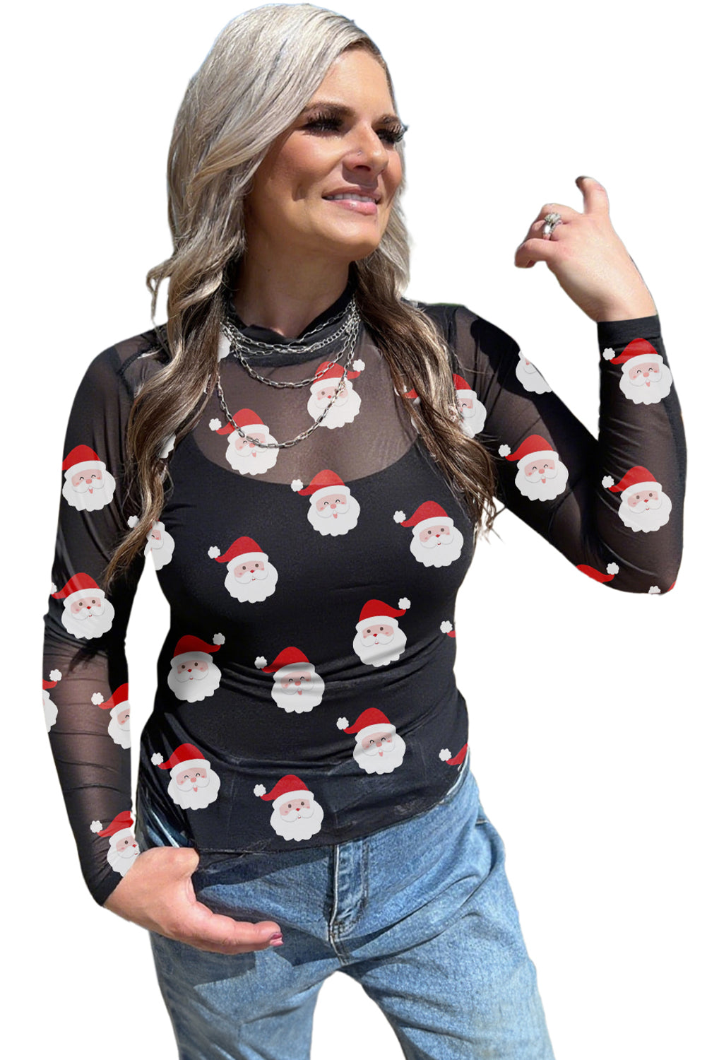 Black Christmas Santa Claus Slim Fit Mesh Long Sleeve Top Long Sleeve Tops 765702ed60c360d2
