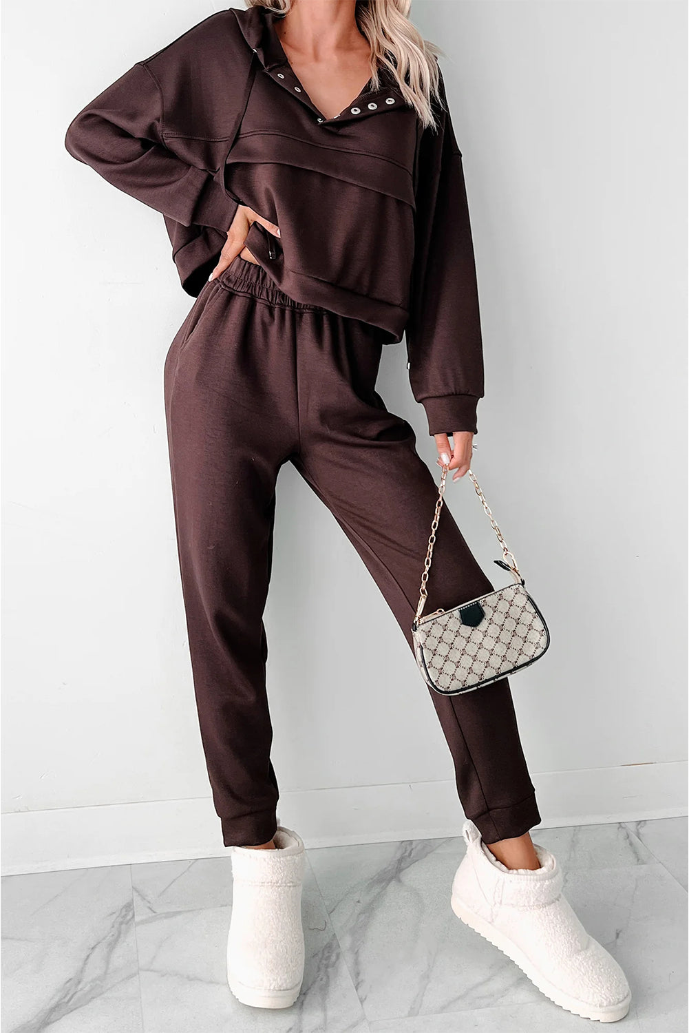 Chicory Coffee Button Drawstring Cropped Hoodie Sweatpants Set Two Piece Pants Sets 765f031f004176ce