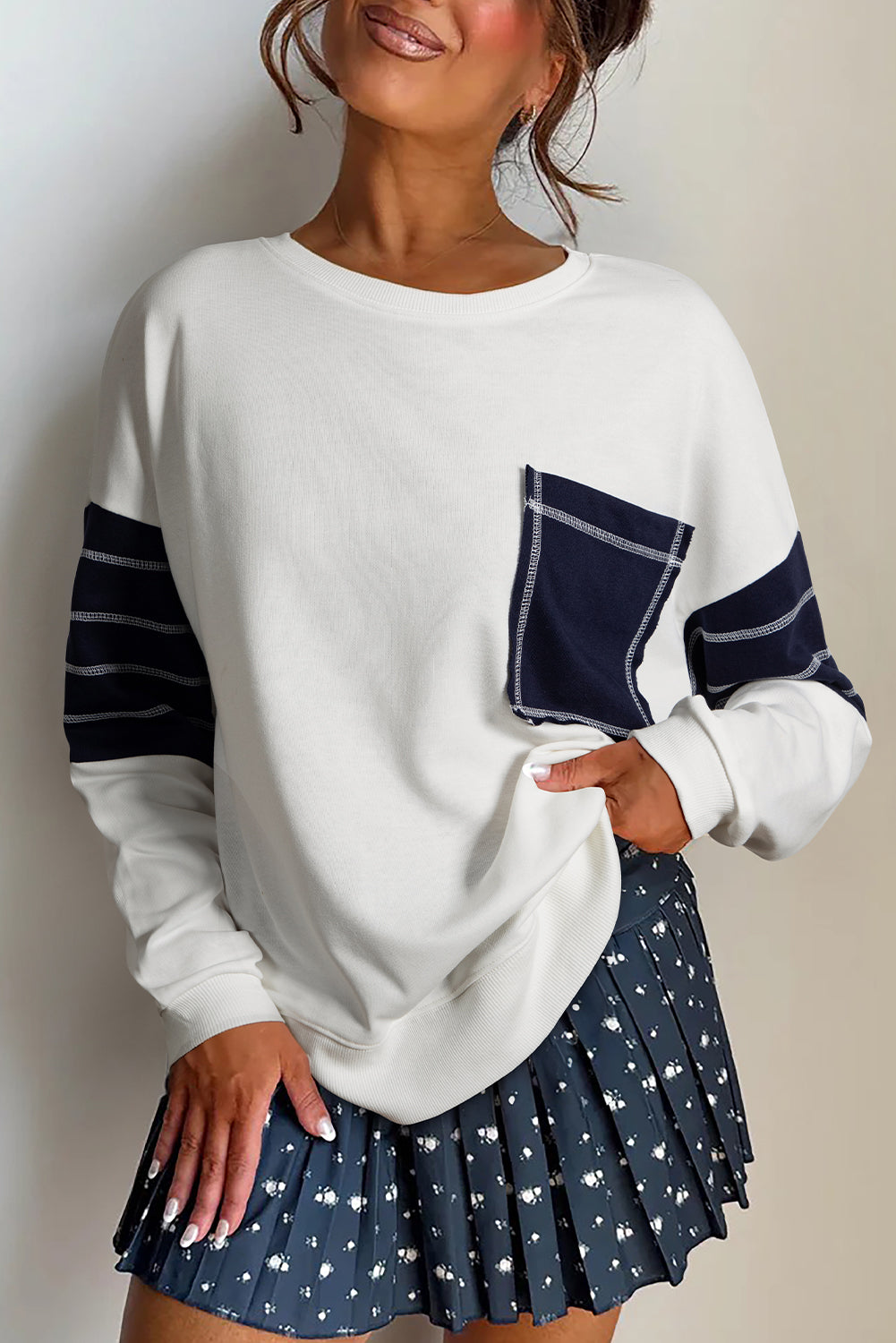 White Denim Patchwork Ribbed Round Neck Pullover Sweatshirt Sweatshirts & Hoodies 76bad721f493572f