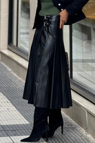 Black Faux Leather Retro Buckle Detail Pleated Stitch Flared Midi Skirt Skirts 76ef6475482917c2
