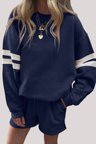 Navy Blue Varsity Striped Sleeve Drop Shoulder Sweatshirt and Shorts Set Two Piece Shorts Sets 76fd7d3e0390a6fb