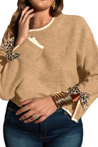 Tan Plus Size Leopard Bow Decor Split Cuffs Loose Sweater Plus Size Sweaters&Cardigans 76ff6af44cacad64