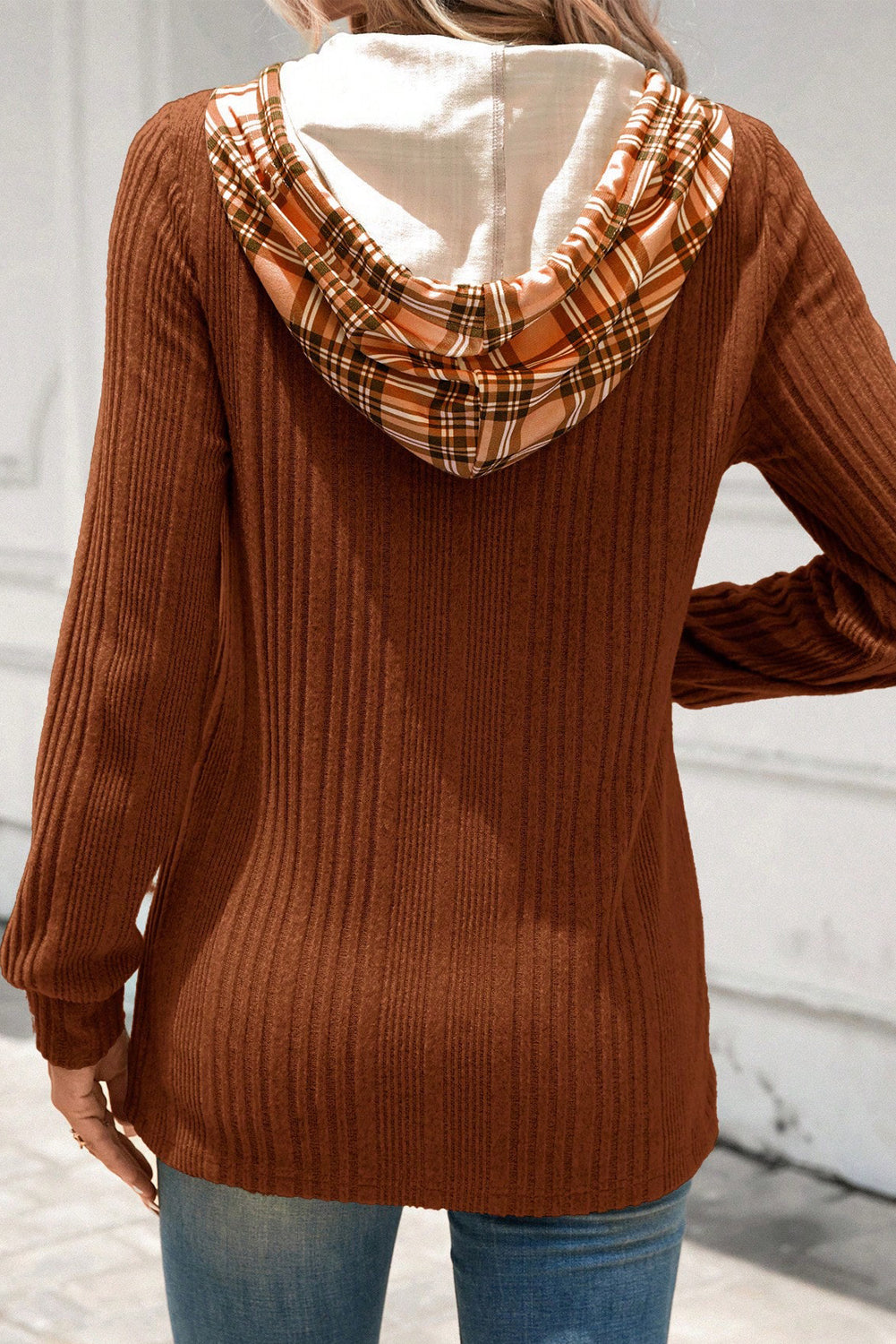 Chestnut Plaid Patchwork Ribbed Knit Drawstring Hooded Top Long Sleeve Tops 7703821a4fa9dc62