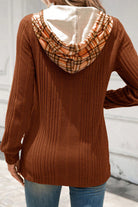 Chestnut Plaid Patchwork Ribbed Knit Drawstring Hooded Top Long Sleeve Tops 7703821a4fa9dc62