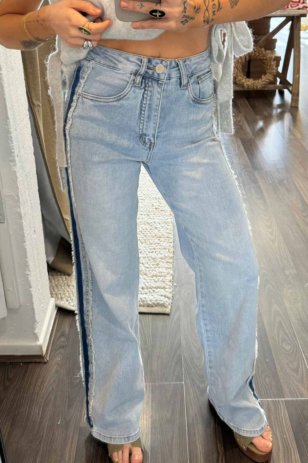 Beau Blue Contrast Stripe Frayed Side Patchwork Jeans Jeans 771a3e9e7b8c0d74