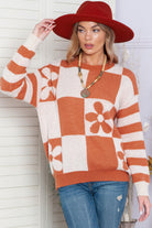 Brown 60s Floral Checkered and Striped Knitted Pullover Sweater Sweaters 772902f54a78e51b