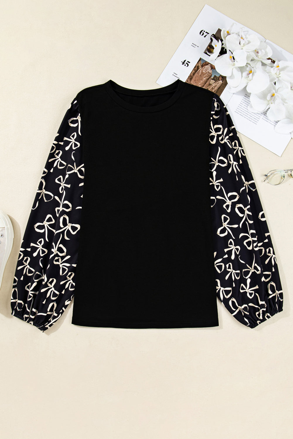 Black Bow Print Sleeve Patchwork Plus Size Blouse Plus Size Tops 773a103ae8cf9df1