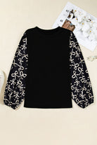 Black Bow Print Sleeve Patchwork Plus Size Blouse Plus Size Tops 773a103ae8cf9df1