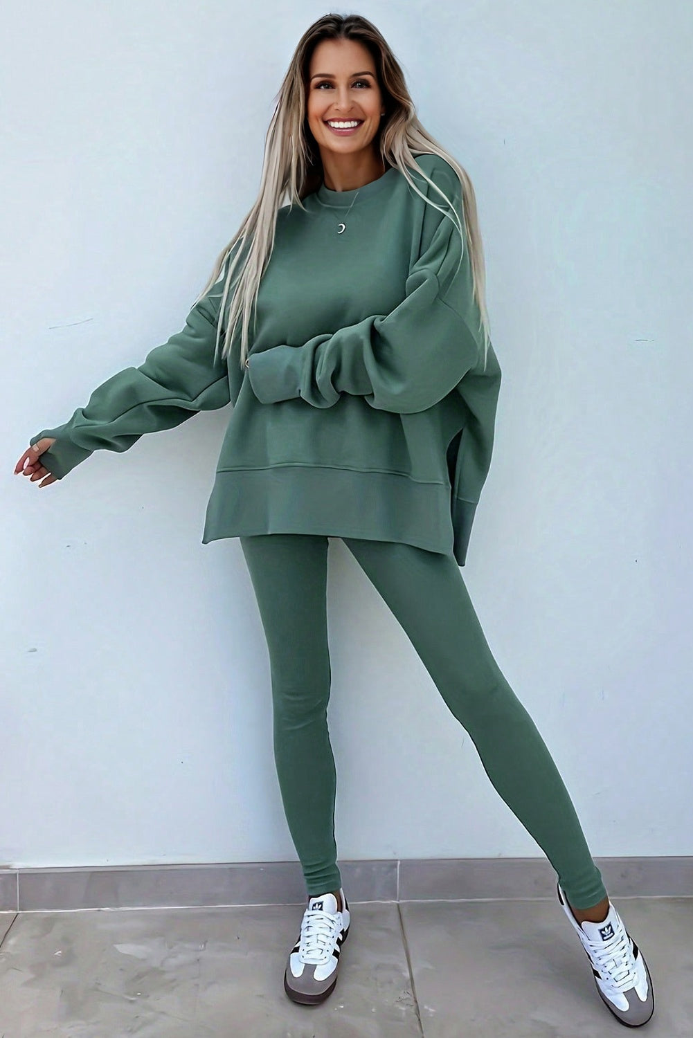 Green Bay Solid Color Oversize Slit Sweatshirt Ribbed Leggings Set Two Piece Pants Sets 773e615e0afb0541