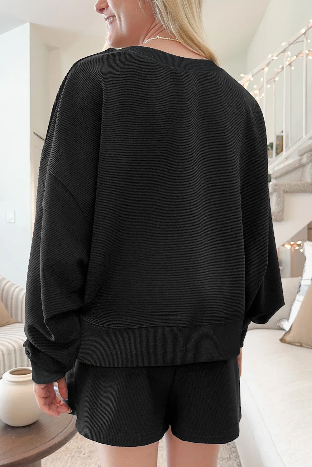 Black Ribbed Texture Baggy Drop Shoulder Pullover and Shorts Set Two Piece Shorts Sets 77941f2763a44767