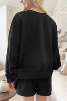 Black Ribbed Texture Baggy Drop Shoulder Pullover and Shorts Set Two Piece Shorts Sets 77941f2763a44767