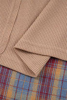 Beige Waffle Stripe Plaid Patchwork Henley Top Long Sleeve Tops 77a300a9bb9e976f