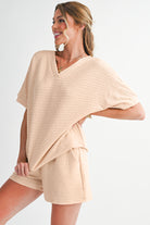 Pink Textured V Neck T Shirt and Shorts Set Two Piece Shorts Sets 77b02930ccd01fe5