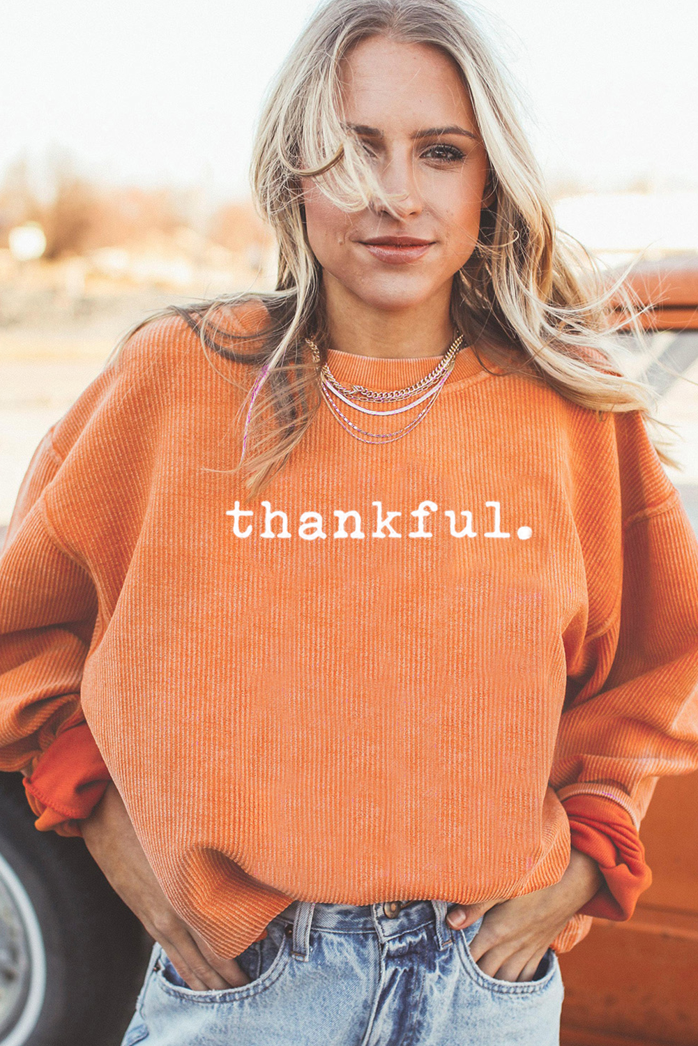 Orange thankful Letter Heat Transfer Printing Ribbed Crew Neck Thanksgiving Sweatshirt Graphic Sweatshirts 77b517fc3604996a