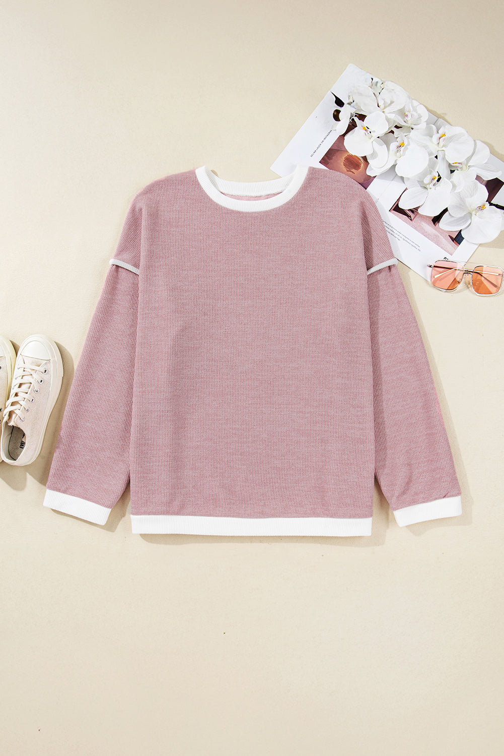 Light Pink Contrast Trim Knitted Drop Shoulder Plus Size Top Plus Size Tops 77b5d76d768bdf38