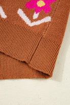 Brown Floral Pattern Short Puff Sleeve Sweater Short Sleeve Sweater 77d3c2c2dde2a6c3