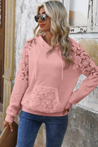 Gossamer Pink Lace Patchwork Raglan Sleeve Kangaroo Pocket Waffle Hoodie Sweatshirts & Hoodies 77f770348078bf28