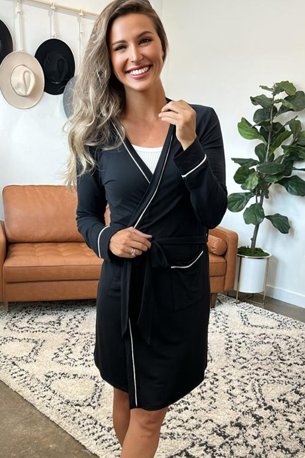 Black Contrast Trim Hooded Lounge Cardigan and Pants Set Two Piece Pants Sets 77f7cd6f9b81591c