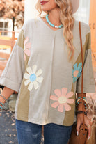 Light Blue Flower Patched Exposed Seam 3/4 Sleeve top Long Sleeve Tops 781cbe240375e4cc