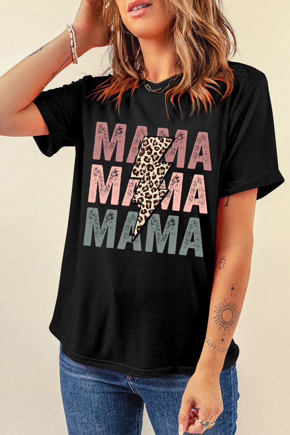 Black Leopard Lightning MAMA Letter Print Graphic Tee Graphic Tees 781d34ed8bf56cf0