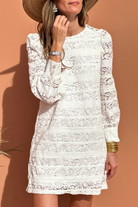 White Lace Floral Round Neck Puff Sleeve Shift Mini Dress Short Dresses 78387bc631b6cea0